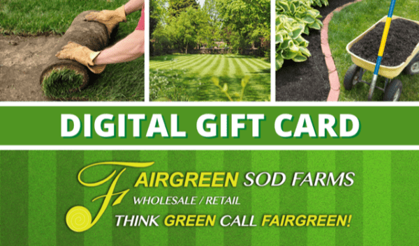 Gift card featuring lawn care images, including sod laying, a wheelbarrow, and a well-maintained garden. "Fairgreen Sod Farms" and contact information included.