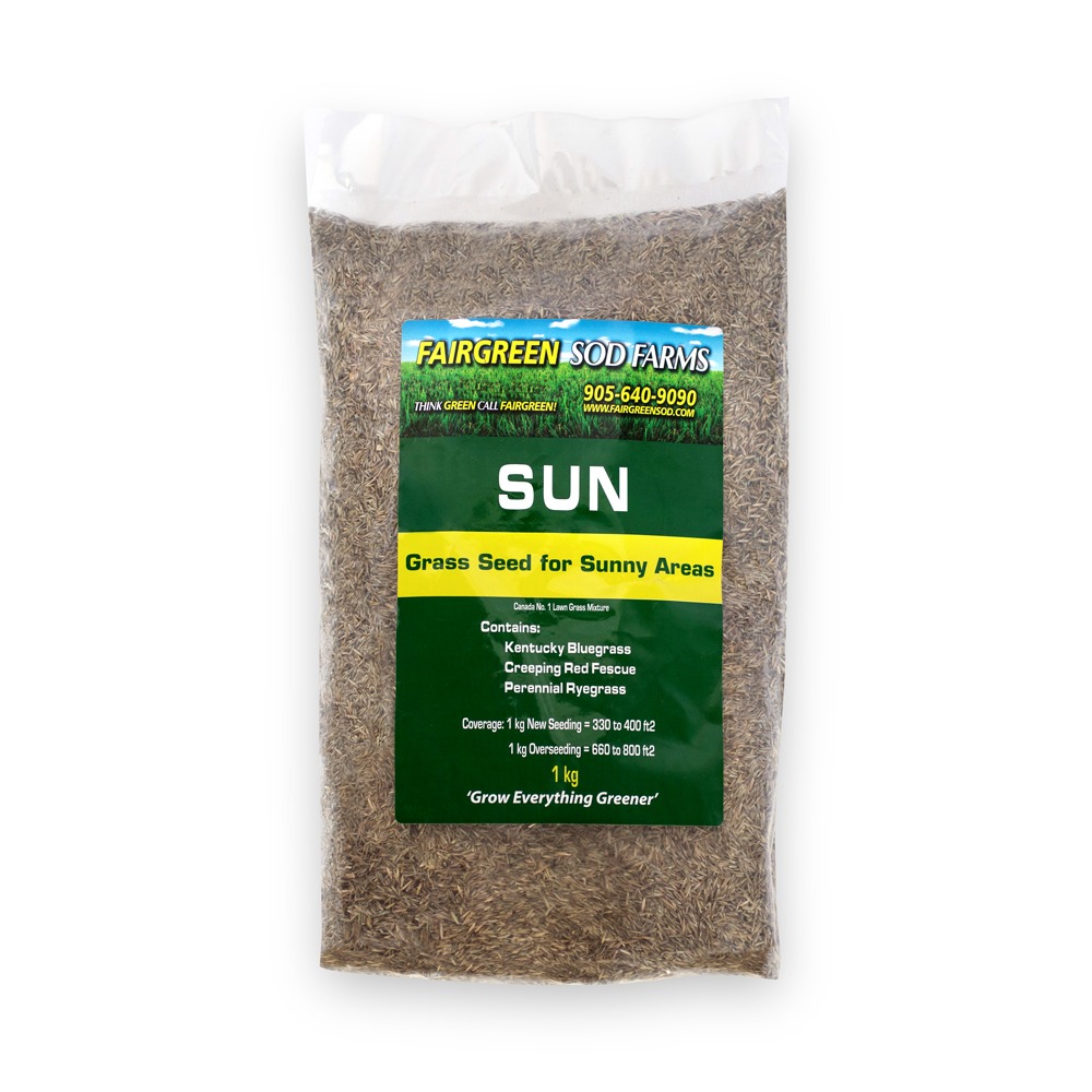 A plastic bag labeled "Fairgreen Sod Farms" contains grass seed for sunny areas, including Kentucky Bluegrass, Creeping Red Fescue, and Perennial Ryegrass.