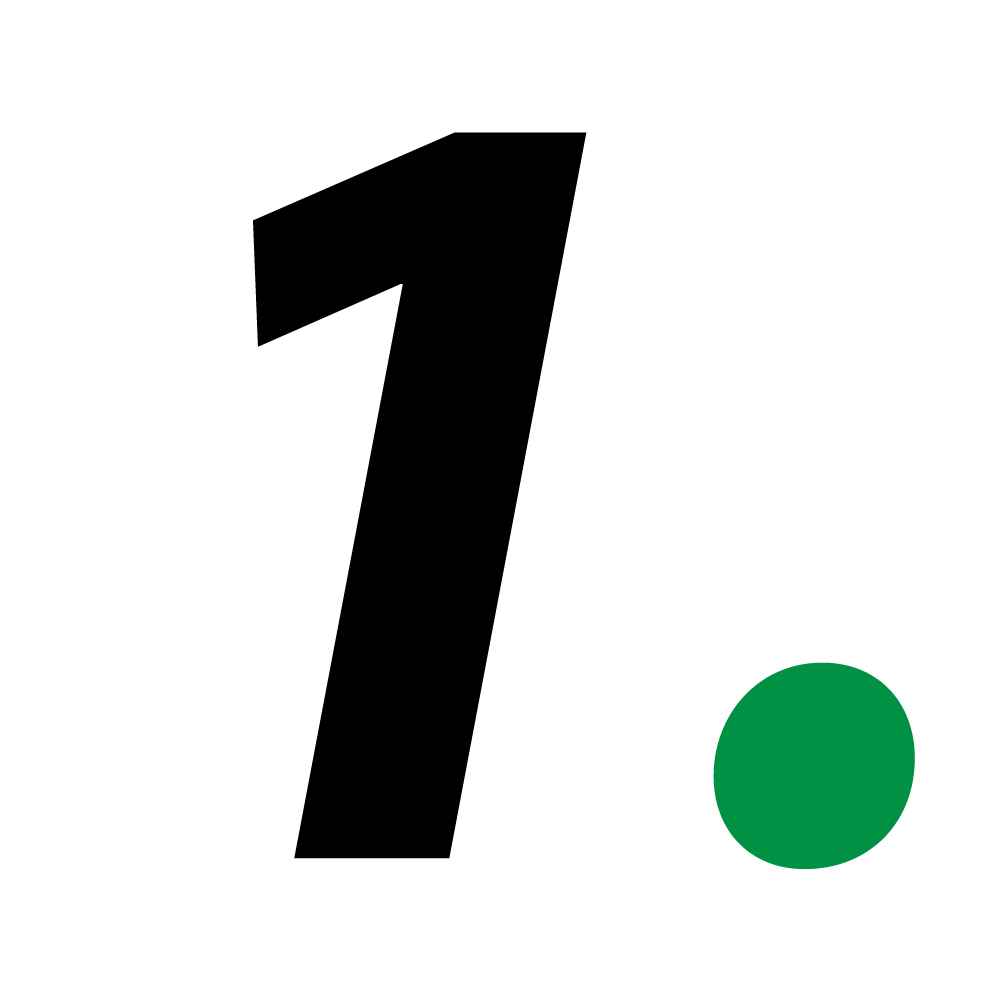 A bold black number "1" with a green dot on a white background, creating a simple, minimalist design.