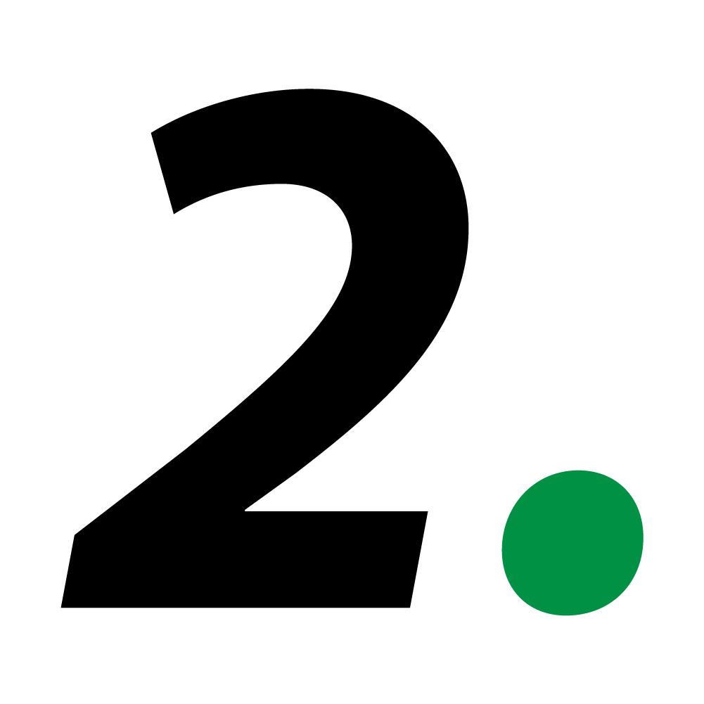 The image displays a bold black number "2" alongside a small green dot on a white background, symbolizing a list or ranking.