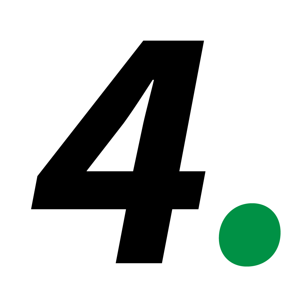 The image shows a black number "4" with a green dot on a plain white background. Minimalistic and modern design elements.