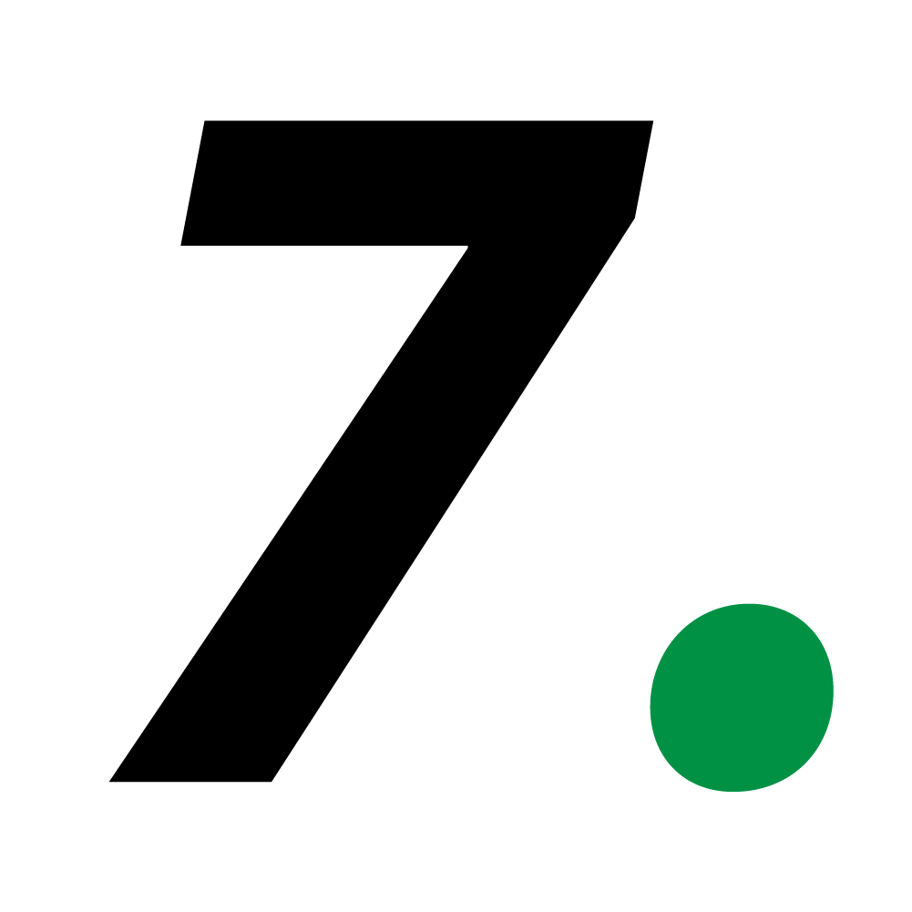 A large black number seven with a small green dot on a white background, creating a minimalist, modern design.