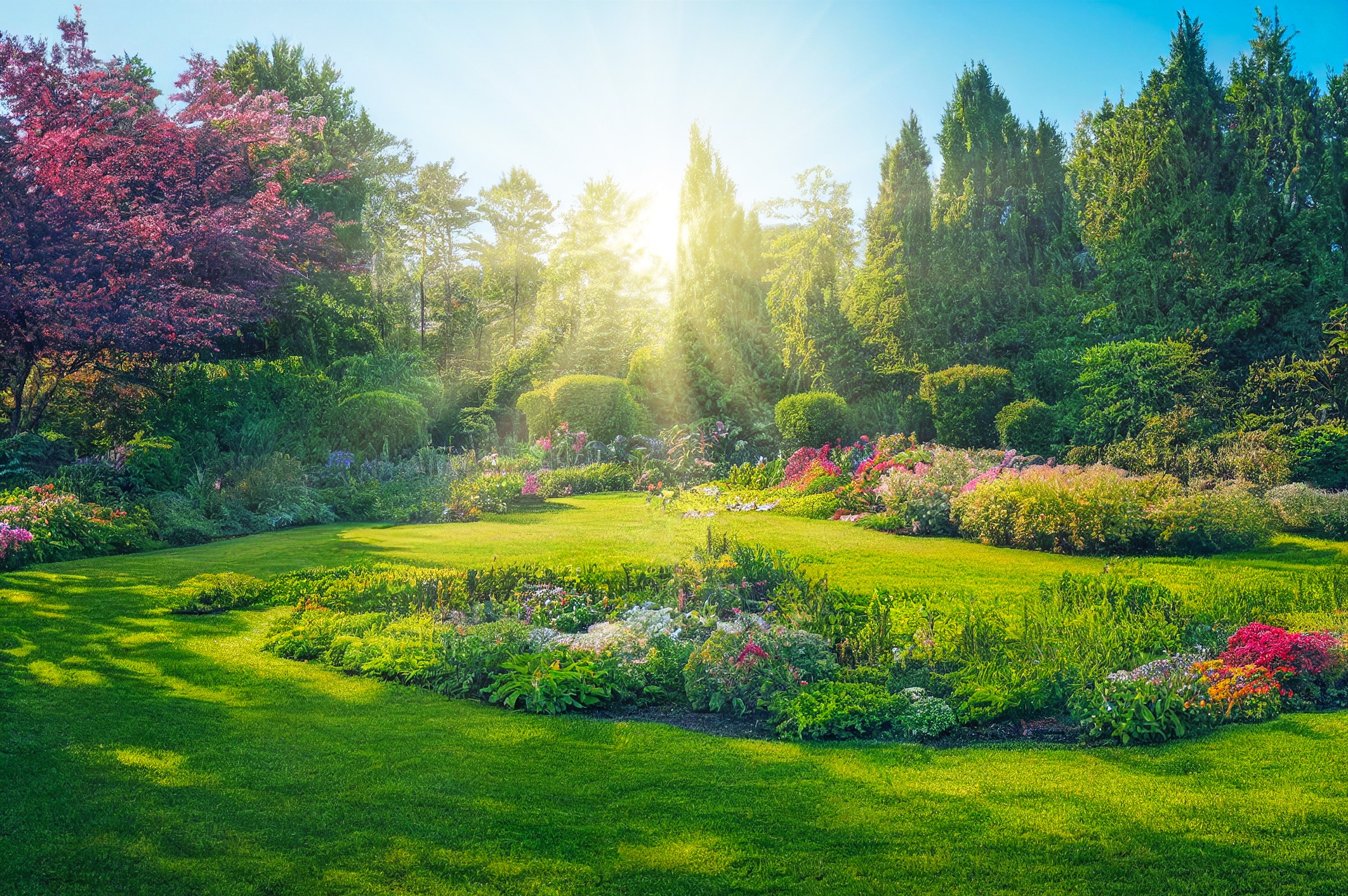 Lush garden bathed in sunlight, featuring vibrant flowers and manicured greenery, surrounded by tall trees under a clear blue sky. Peaceful and serene atmosphere.