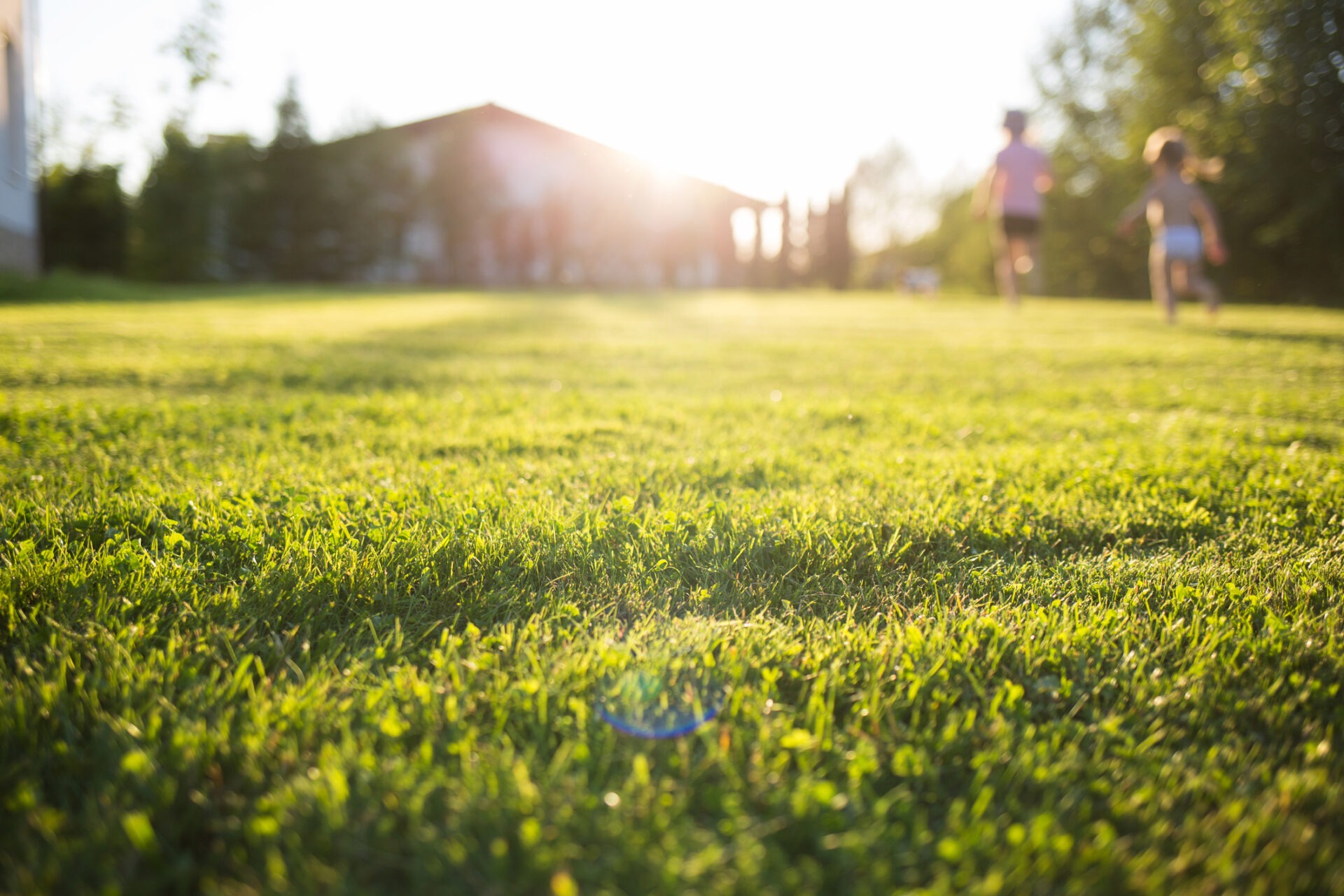 Sunlit grassy field with two children running in the background, surrounded by trees and a blurred building. Bright, warm atmosphere.