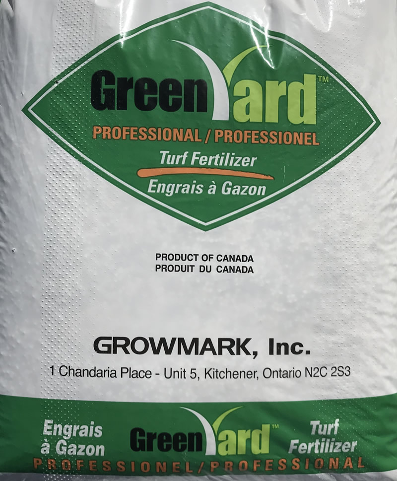 Bag of GreenYard turf fertilizer, labeled in English and French, from Growmark, Inc., located in Kitchener, Ontario, Canada.