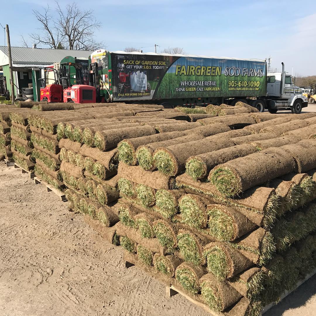 Stacks of rolled sod on pallets beside a truck advertising Fairgreen Sod Farms, with tractors and a warehouse in the background.