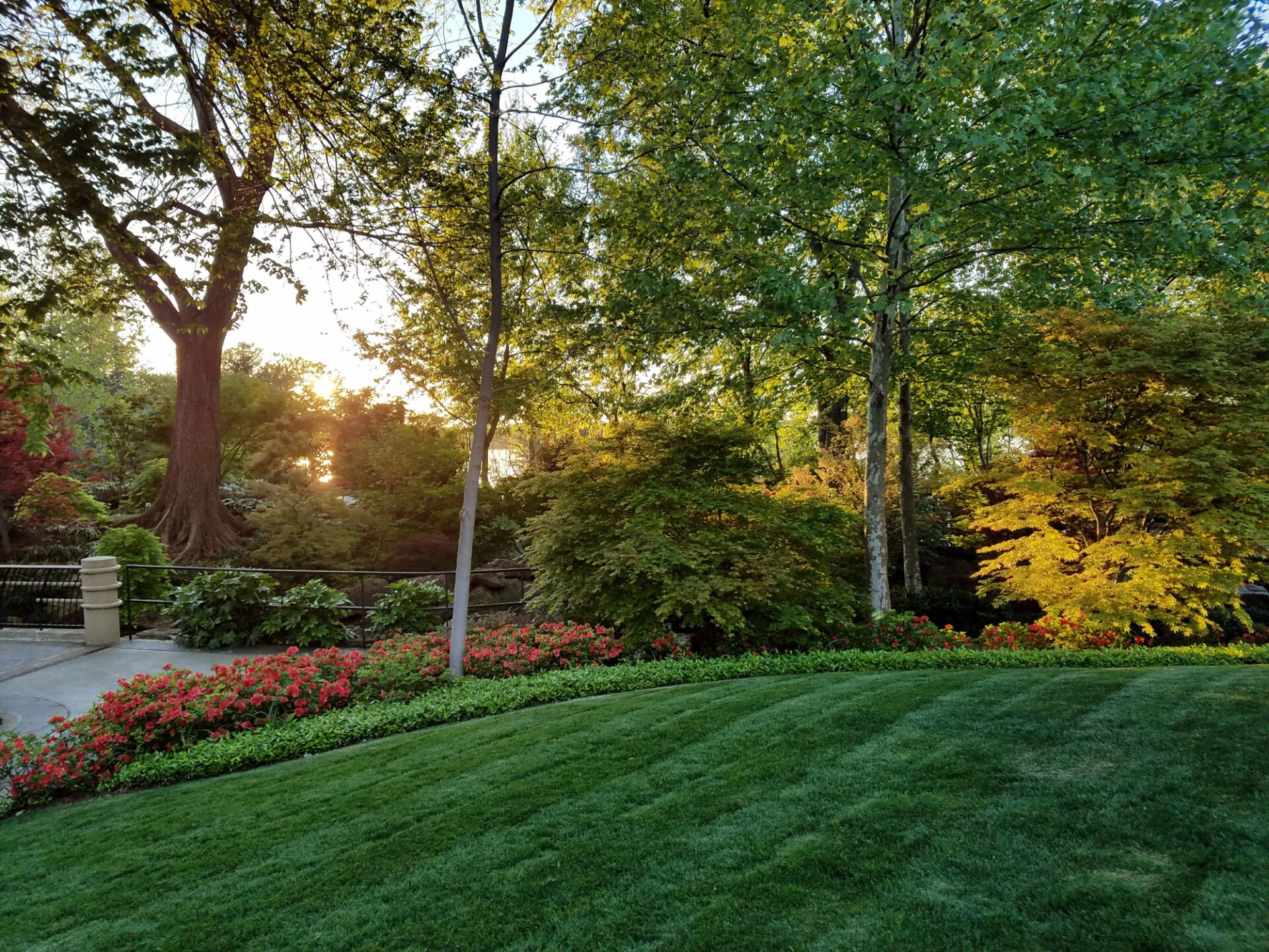 A serene garden setting features lush green grass, large trees, and colorful flower beds under a warm, glowing sunset.